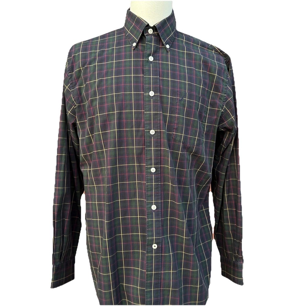 Nautica Mens Button Down Shirt L Navy Green Plaid Wrinkle Resistant Preppy Ivy